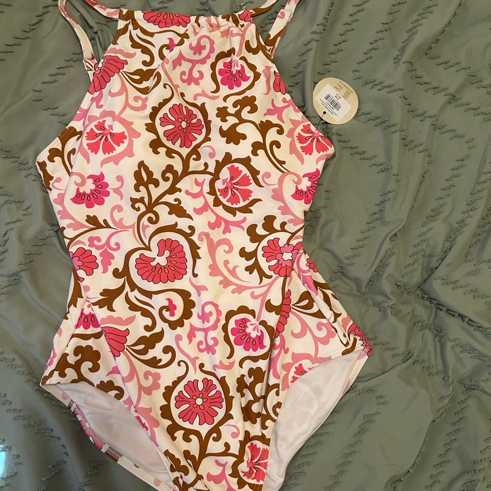 DownEast Floral Swimsuit with Pink and Brown Accents